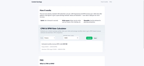 Content Earnings — CPM / RPM Calculator